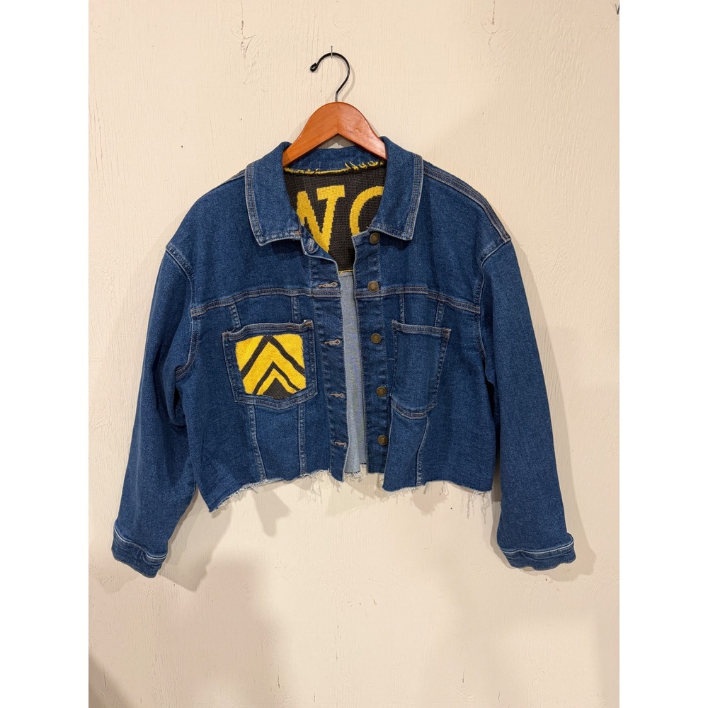 Custom Iowa Hawkeyes Upcycled Denim Jacket Cropped Hem Blue Yellow Extra Large